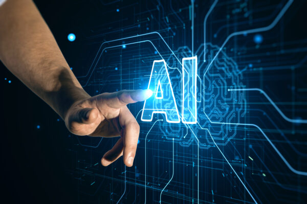 Close up of male hand pointing at hologram. Futuristic design of artificial Intelligence ai brain with circuit board. Learning process and problem solving concept. Abstract digital technology grid background. 3D Rendering.